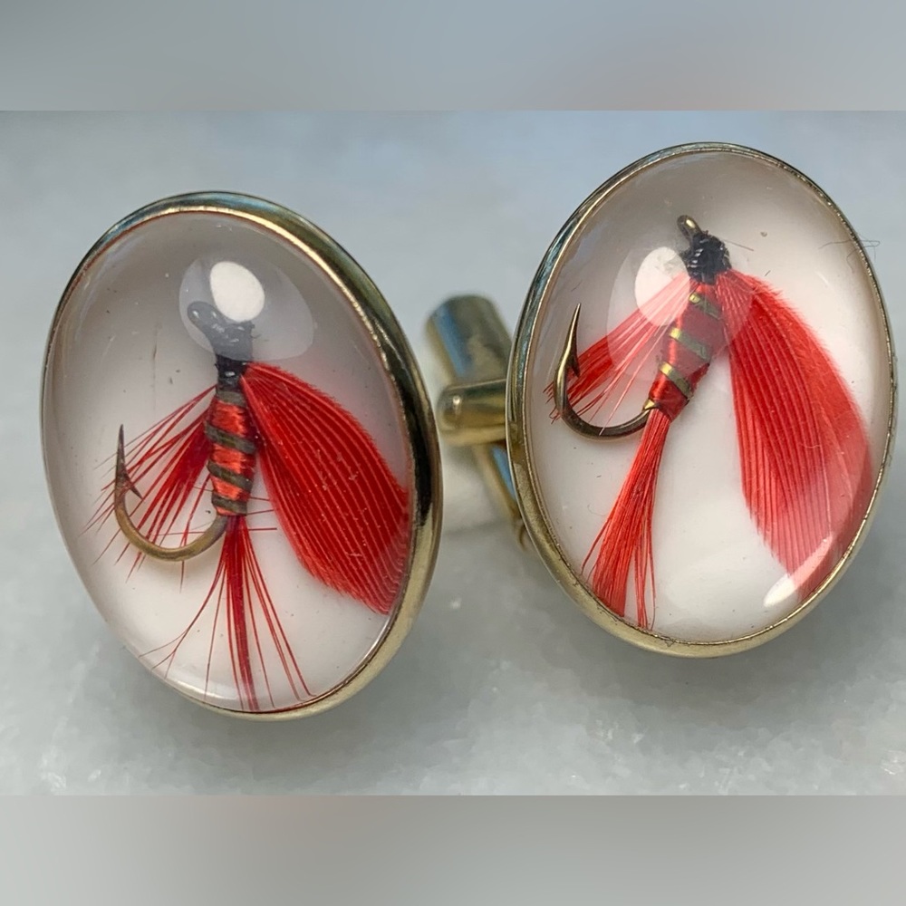 Vintage Fly Fishing Lure Cufflinks Gold Tone Angler Novelty